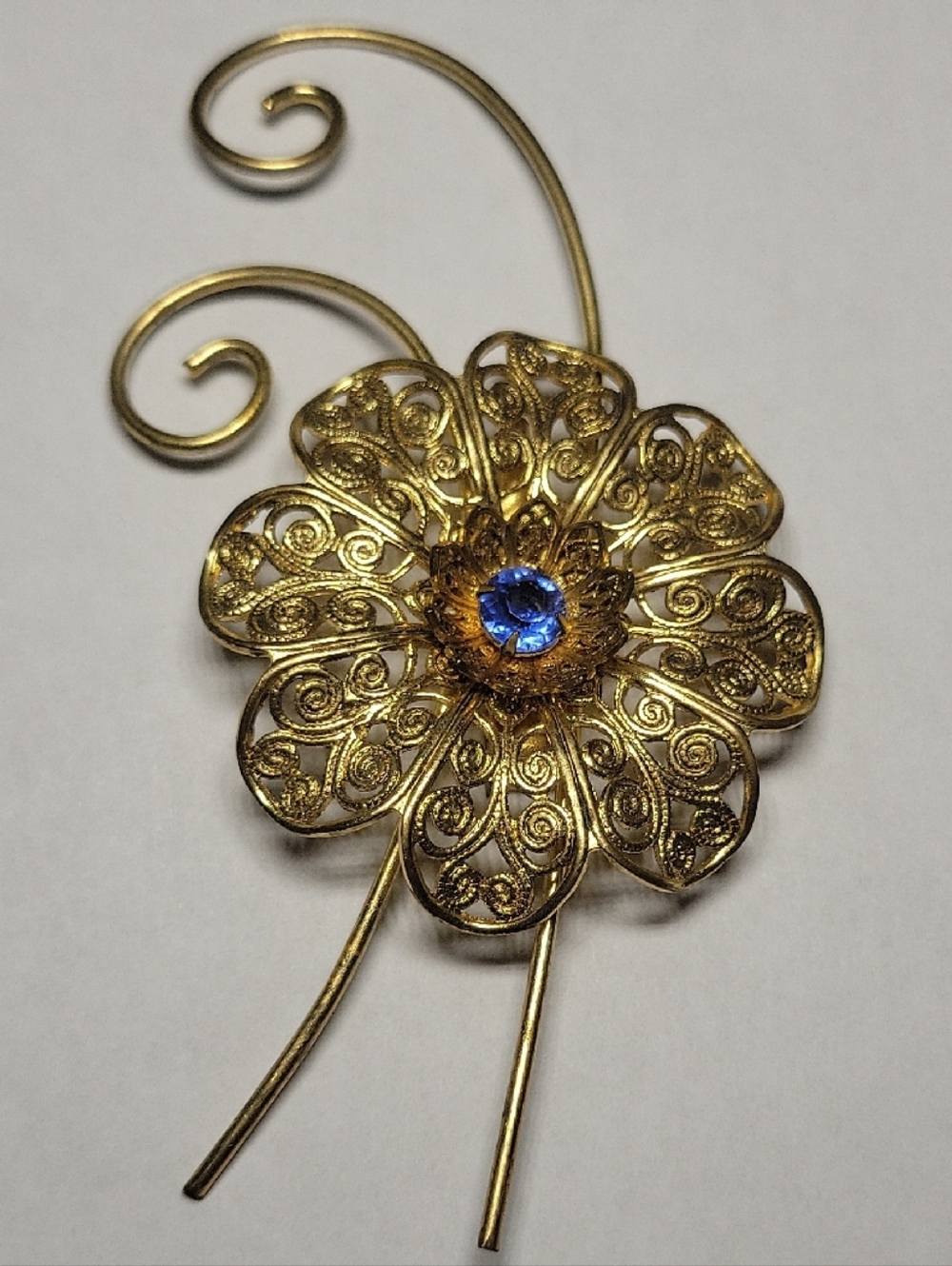Gold Tone Filigree Flower Brooch with Blue Center - Women Jewelry